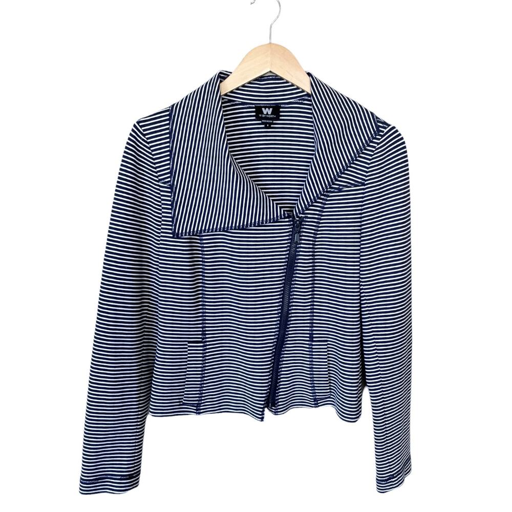 WORTH Jersey Moto Jacket Striped Blue White Asymmetrical Zip Collar Pocket 6 EUC